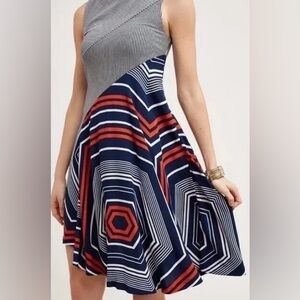 Maeve Cameron Asymmetric Dress Size Large Blue‎ Striped Geometric Anthropologie